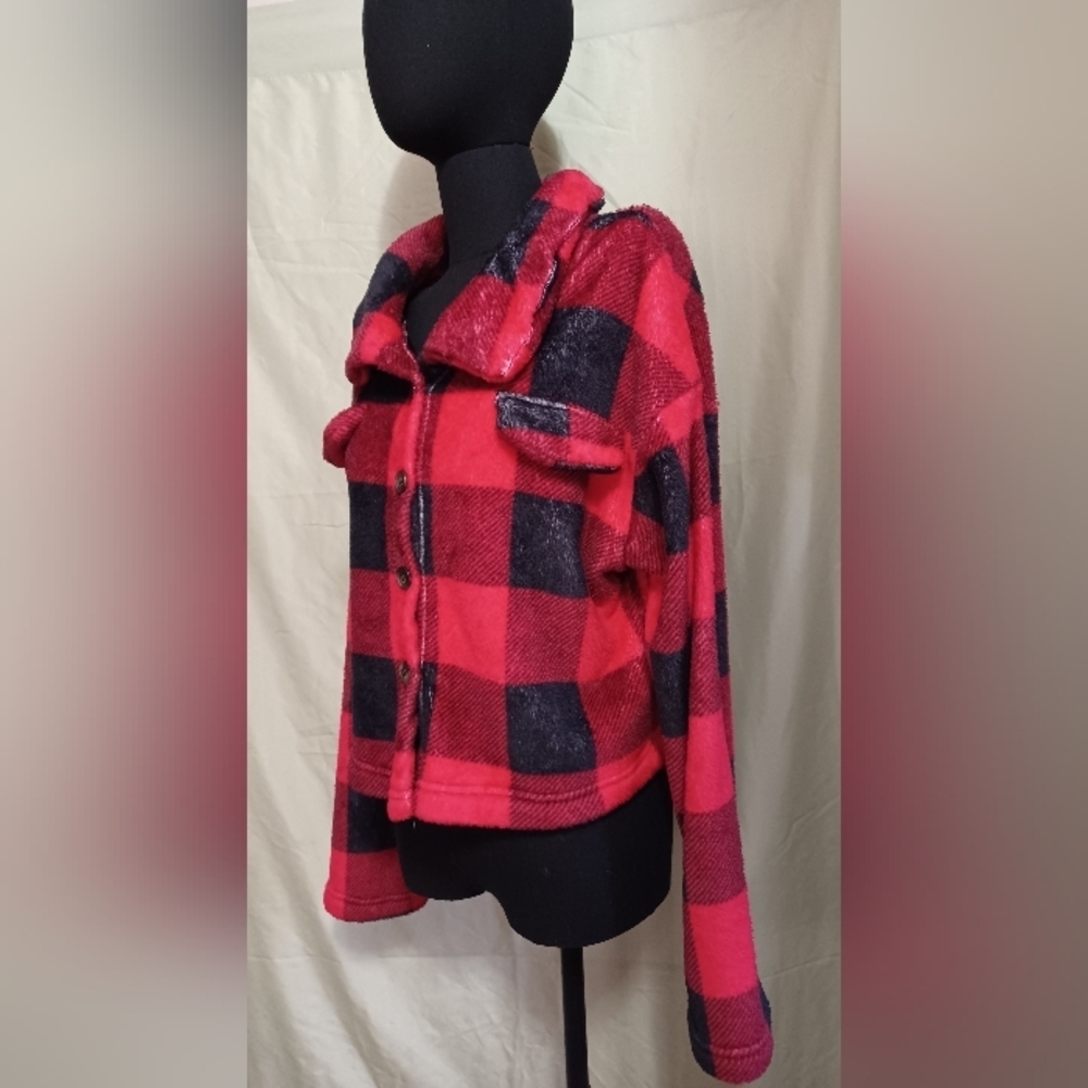 SHEIN Red and Black Checkered Plush Jacket - Picture 3 of 9